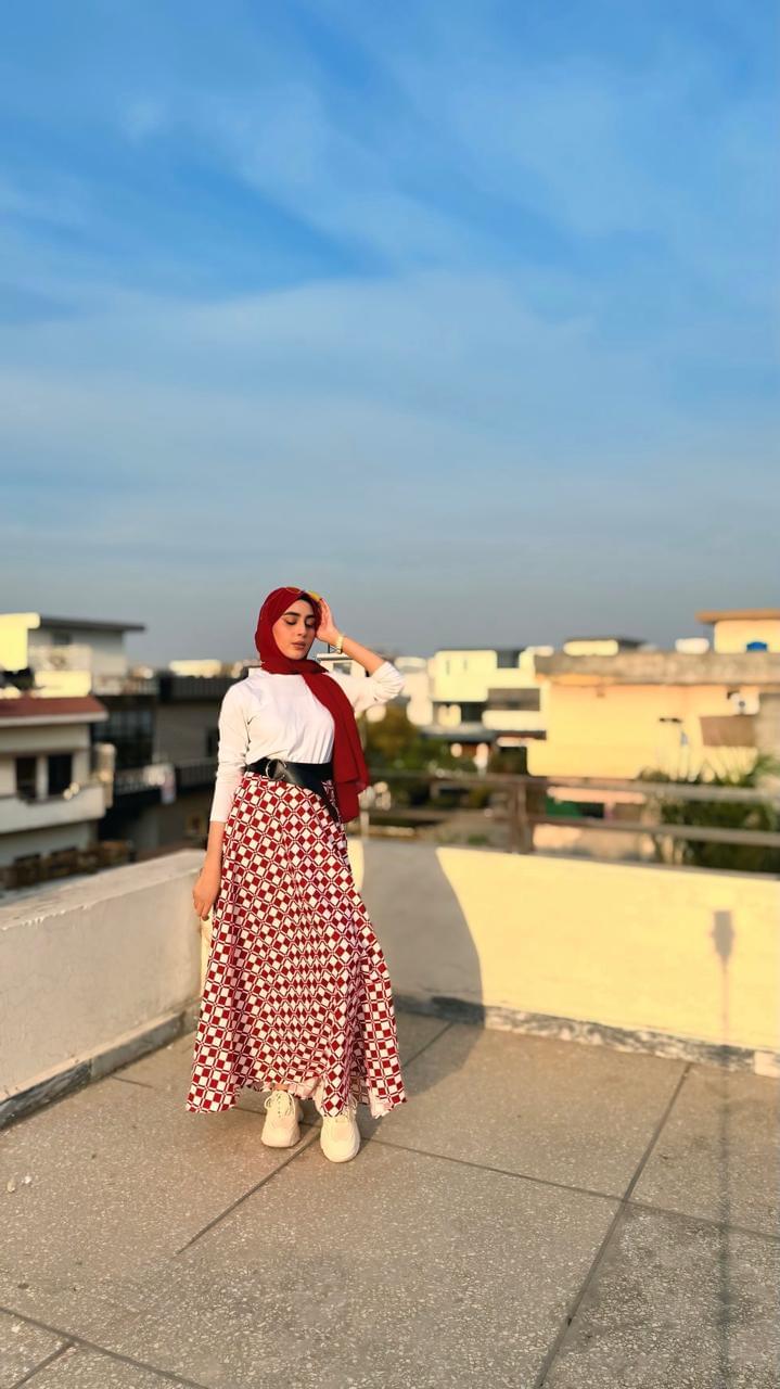 Red pleated skirt