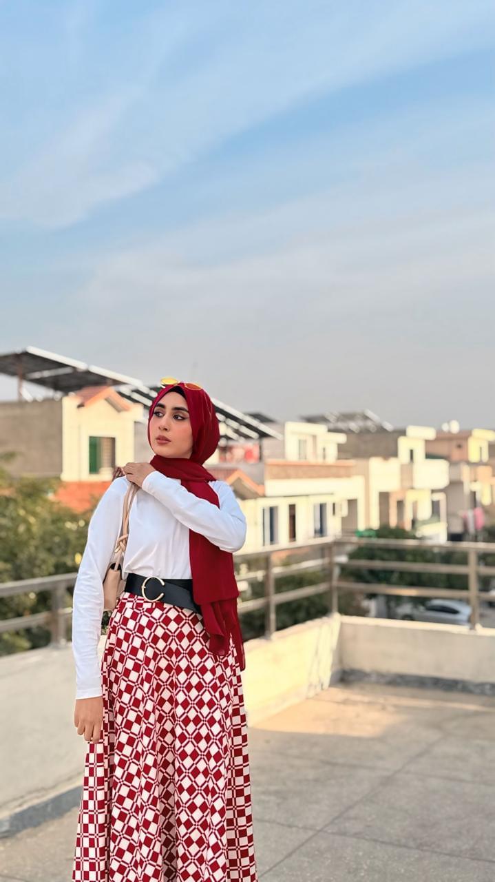 Red pleated skirt
