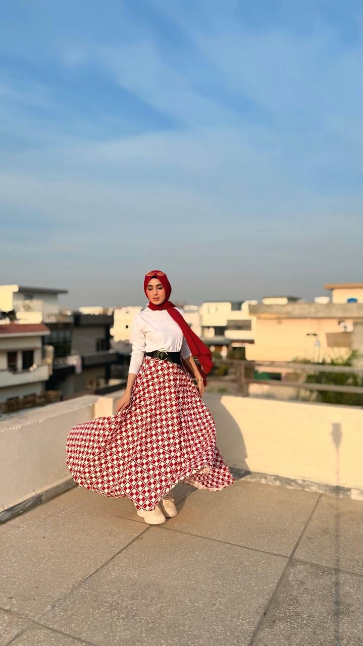 Red pleated skirt
