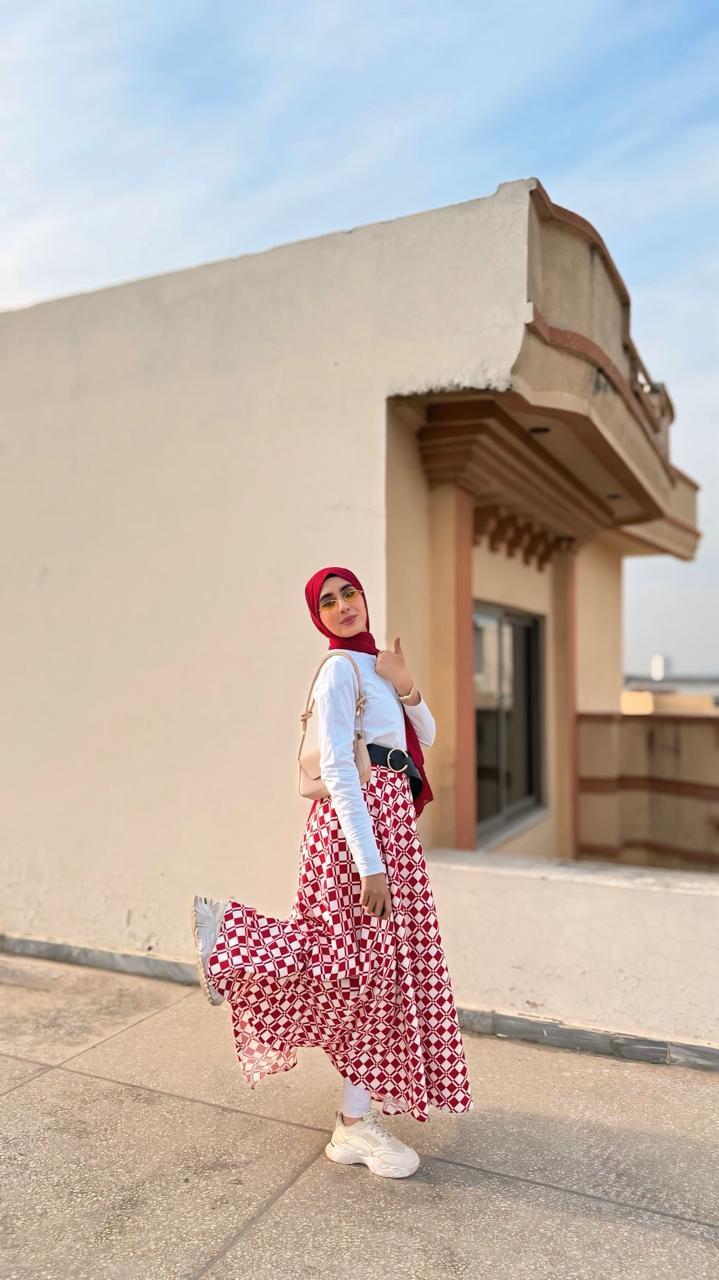 Red pleated skirt